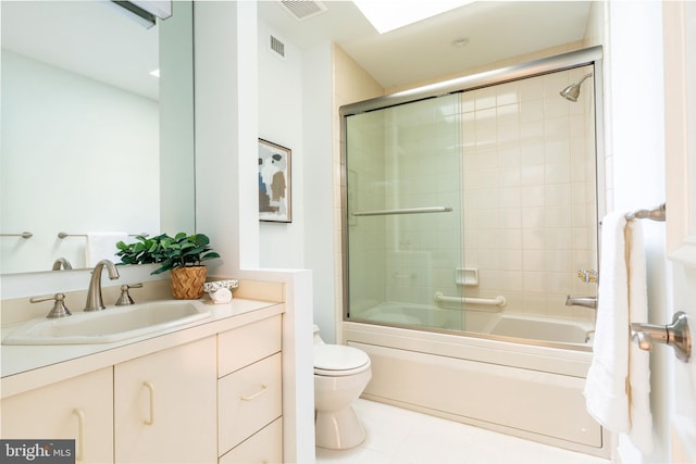 bathroom with visible vents, toilet, vanity, and shower / bath combination with glass door