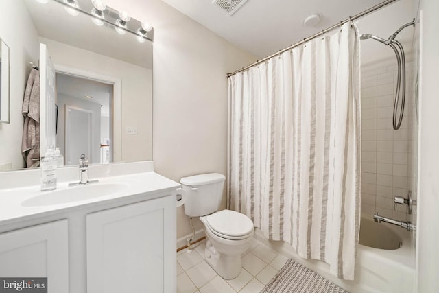 full bathroom with tile patterned floors, visible vents, toilet, shower / tub combo with curtain, and vanity