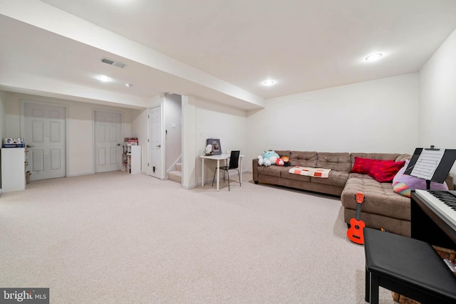 living room with visible vents, recessed lighting, stairs, and carpet