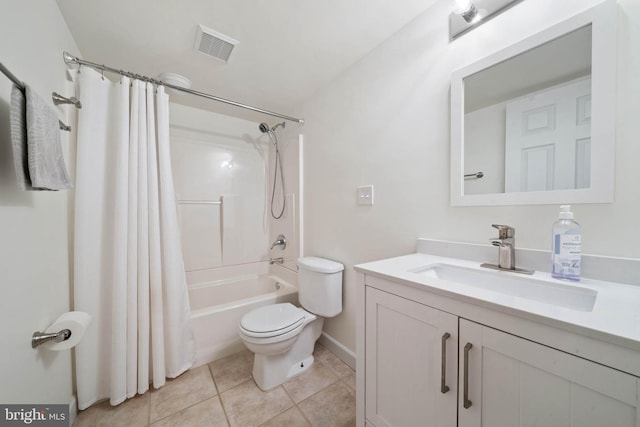 bathroom with vanity, shower / bathtub combination with curtain, visible vents, tile patterned floors, and toilet