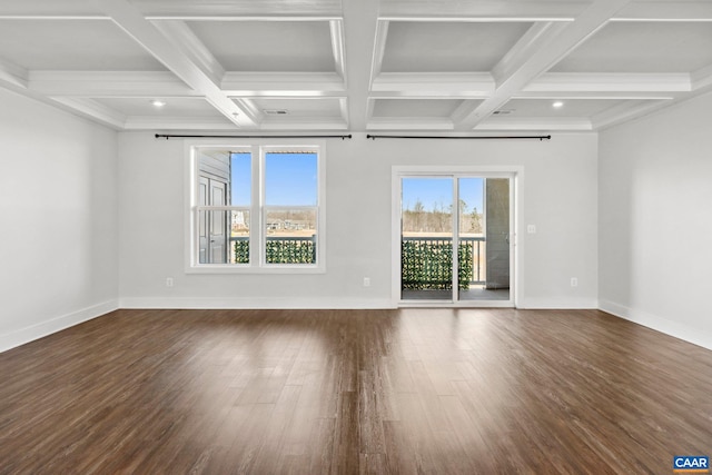 empty room with beam ceiling, coffered ceiling, baseboards, and wood finished floors