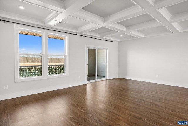 empty room featuring beamed ceiling, coffered ceiling, dark wood-style floors, recessed lighting, and baseboards