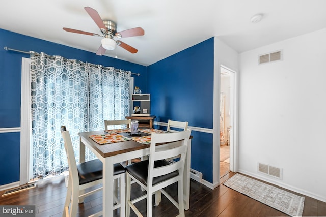 dining room with visible vents, a ceiling fan, and wood-type flooring