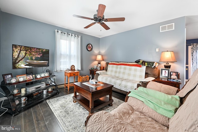 living room featuring a ceiling fan, dark wood-style floors, and visible vents