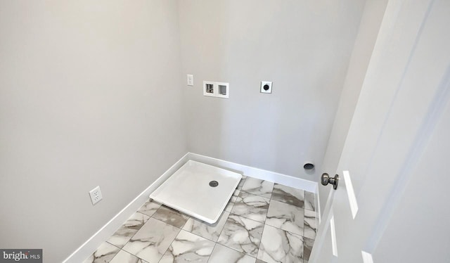 washroom featuring baseboards, laundry area, hookup for a washing machine, marble finish floor, and hookup for an electric dryer