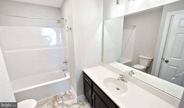 full bathroom with vanity, shower / bathing tub combination, toilet, and marble finish floor