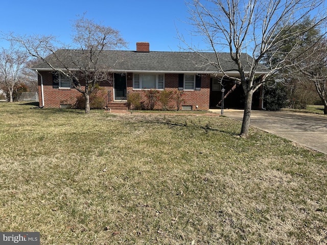 ranch-style house featuring a front yard, brick siding, concrete driveway, and a chimney