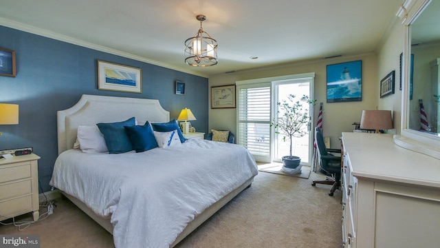 bedroom with light colored carpet and crown molding