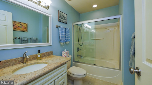 bathroom with tile patterned flooring, toilet, recessed lighting, enclosed tub / shower combo, and vanity