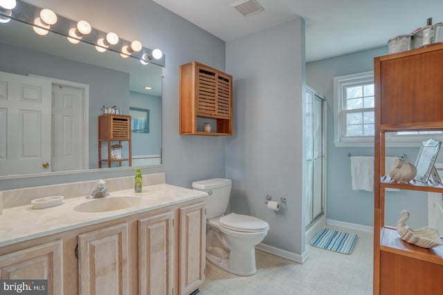 bathroom with vanity, baseboards, visible vents, a stall shower, and toilet