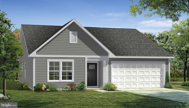 view of front facade with an attached garage, concrete driveway, a front yard, and a shingled roof