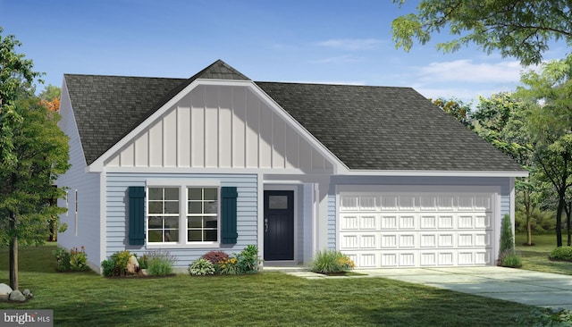 view of front facade with driveway, a front lawn, board and batten siding, a shingled roof, and a garage