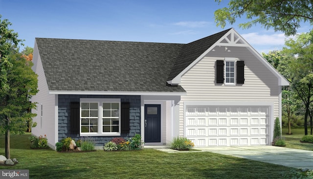 view of front of house with a front lawn, driveway, and roof with shingles