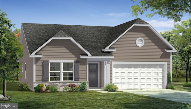 view of front of property featuring a shingled roof, a front lawn, concrete driveway, stone siding, and an attached garage