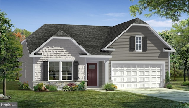 view of front facade featuring stone siding, a front lawn, roof with shingles, and driveway