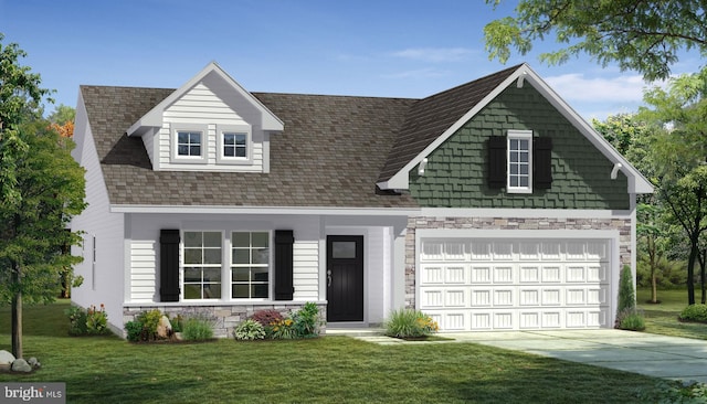 view of front of property featuring stone siding, concrete driveway, a front lawn, and a shingled roof