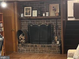 room details featuring a fireplace and wood finished floors