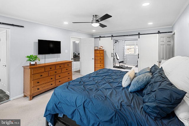 bedroom with baseboards, recessed lighting, crown molding, light carpet, and a barn door