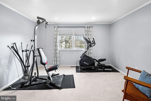 exercise room featuring crown molding, recessed lighting, carpet, and baseboards