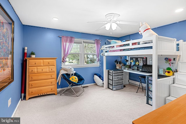 bedroom with recessed lighting, baseboards, and carpet floors