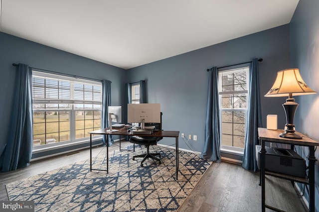 office with a wealth of natural light, baseboards, and wood finished floors