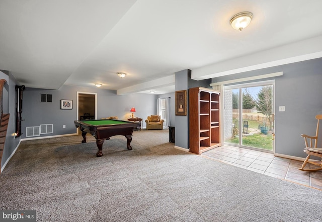 playroom with tile patterned flooring, billiards, visible vents, and carpet floors