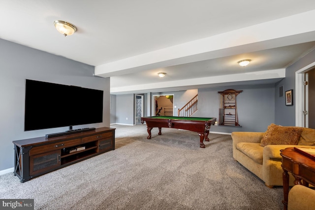 recreation room featuring pool table, baseboards, and carpet