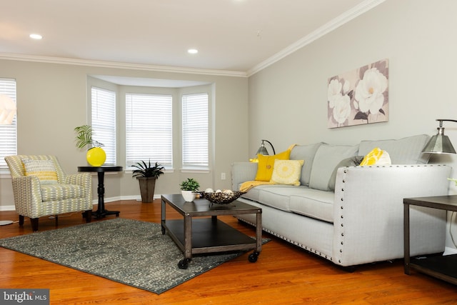 living room with wood finished floors, baseboards, and ornamental molding