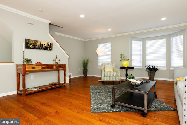 living room featuring ornamental molding, a healthy amount of sunlight, baseboards, and wood finished floors