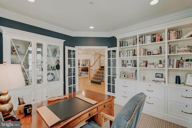 office space featuring crown molding, french doors, recessed lighting, and light wood-style flooring