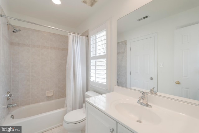 bathroom with toilet, visible vents, shower / bath combination with curtain, and vanity
