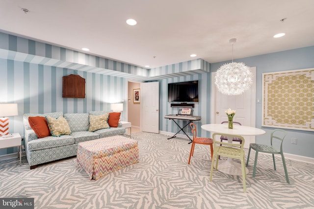 living room with an inviting chandelier, light carpet, and recessed lighting