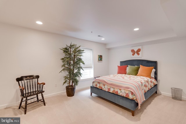 carpeted bedroom with recessed lighting, baseboards, and visible vents