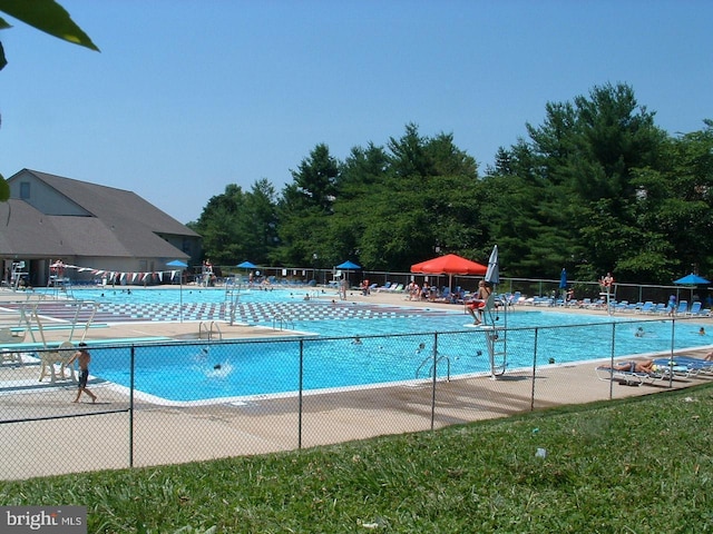 pool featuring a patio and fence