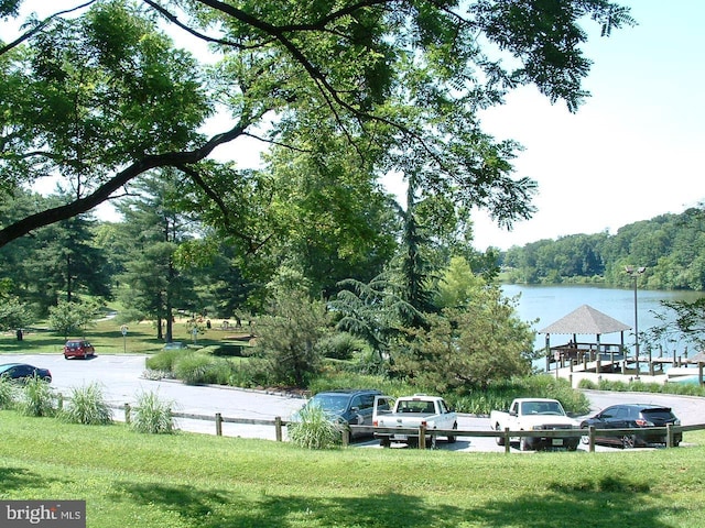 view of community with a dock, a yard, and a water view