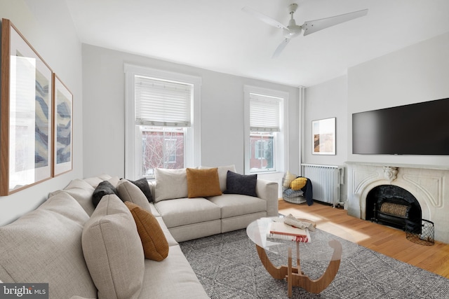 living area featuring a fireplace, radiator heating unit, wood finished floors, and ceiling fan