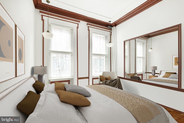 bedroom with multiple windows and crown molding