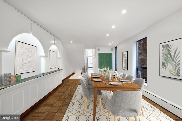 dining area featuring recessed lighting and a baseboard radiator