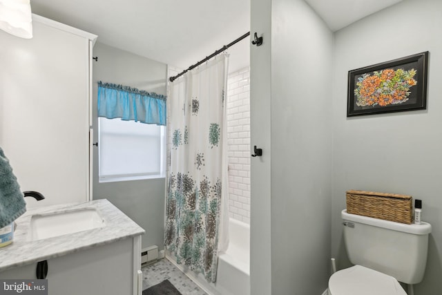 bathroom featuring vanity, toilet, shower / bathtub combination with curtain, and baseboard heating