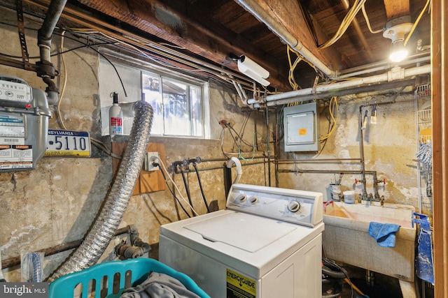 laundry area with a sink, washer / dryer, electric panel, and laundry area