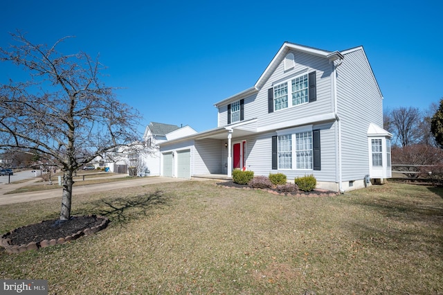 view of front facade featuring an attached garage, concrete driveway, and a front yard