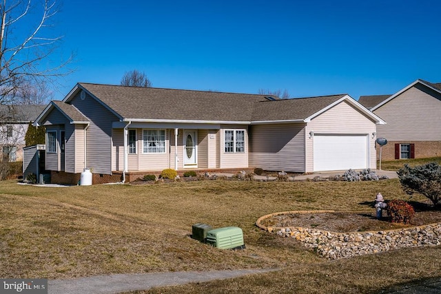 single story home with covered porch, a front yard, a garage, and a shingled roof