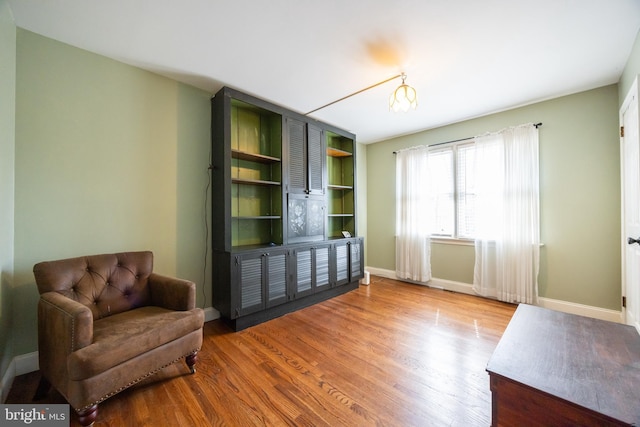 living area featuring baseboards and wood finished floors