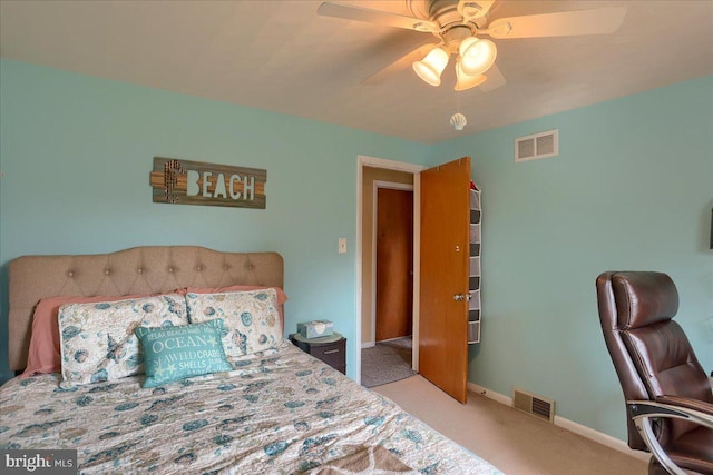 bedroom with visible vents, baseboards, ceiling fan, and carpet flooring