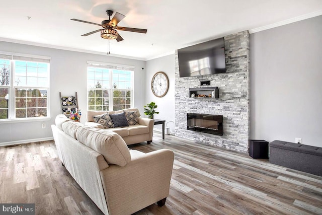 living area with a ceiling fan, wood finished floors, baseboards, a fireplace, and crown molding