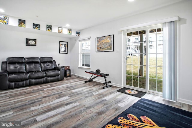 workout room featuring recessed lighting, baseboards, and wood finished floors