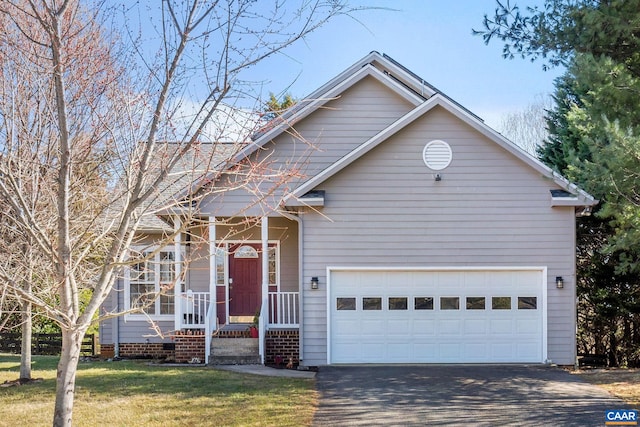 view of front facade featuring aphalt driveway, a porch, an attached garage, and a front yard