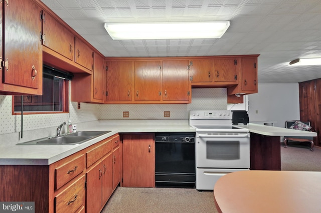 kitchen featuring a sink, backsplash, white range with electric stovetop, light countertops, and dishwasher