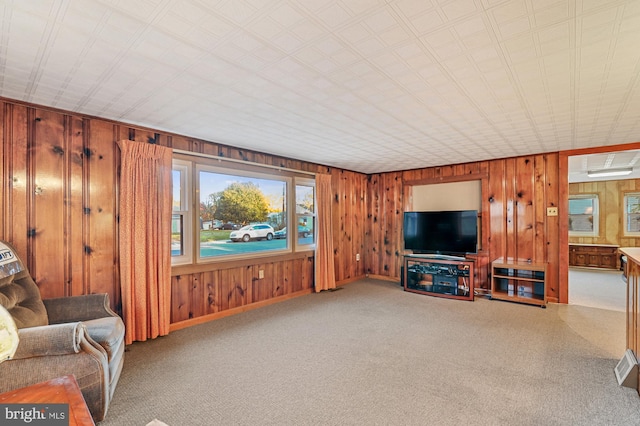 living room featuring wooden walls