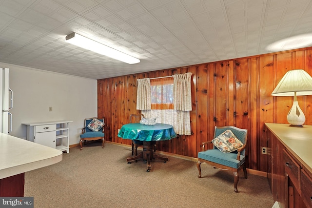 sitting room with wood walls, baseboards, and carpet